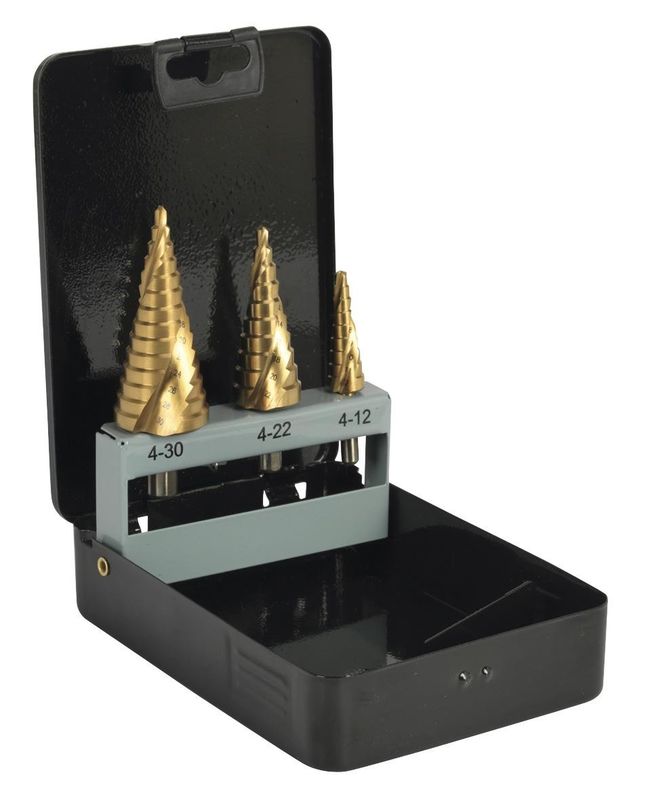 3Pcs Titanium Spiral Flute Step Drill Bit Set Hex Shank Packaging In Metal Box
