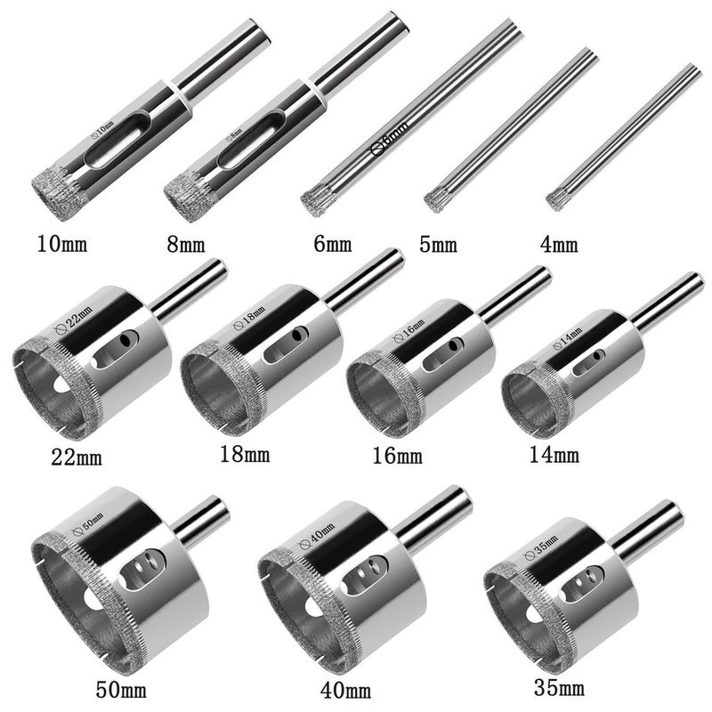 Glass And Tile Hollow Core Diamond Drill Bits Sets 12 Pcs 4mm-50mm Size