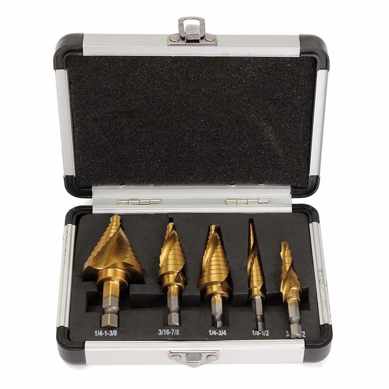5 Pcs HSS Spiral Grooved Step Drill Bit Kit Titanium Coated For Steel Plate